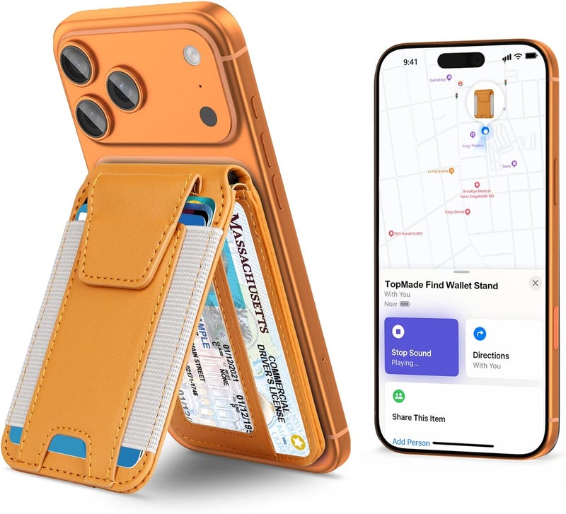 TopMade for Magsafe Wallet, Works with Apple Find My, Strongest Magnetic Wallet for iPhone 16/15/14/13/12 Series, Mganetic Card Holder with Adjustable Stand, 9 Cards Holder, Orange - Image 1
